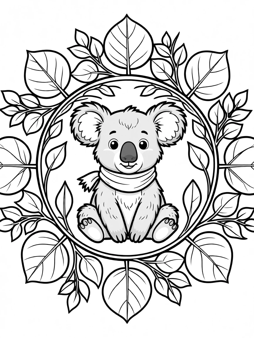 Koala with eucalyptus patterns forming an Australian mandala design