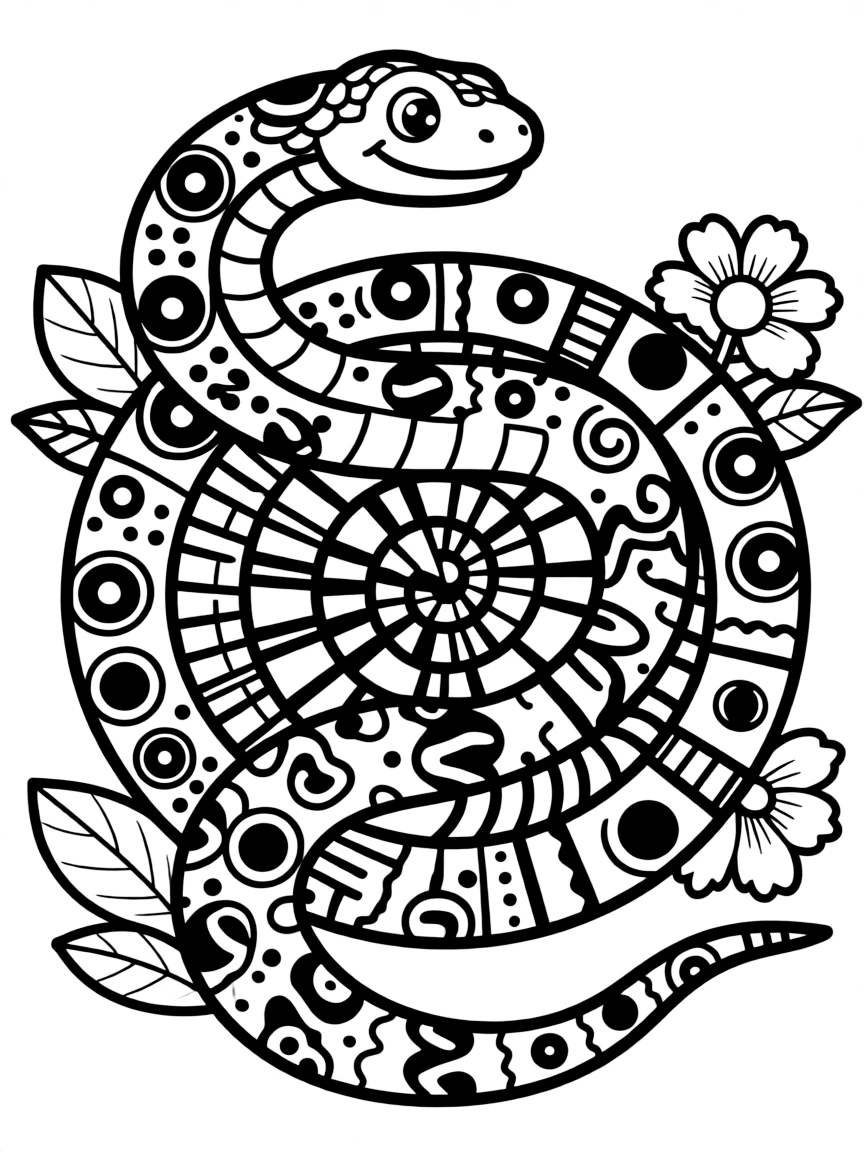 Snake with coil patterns forming a spiral mandala design