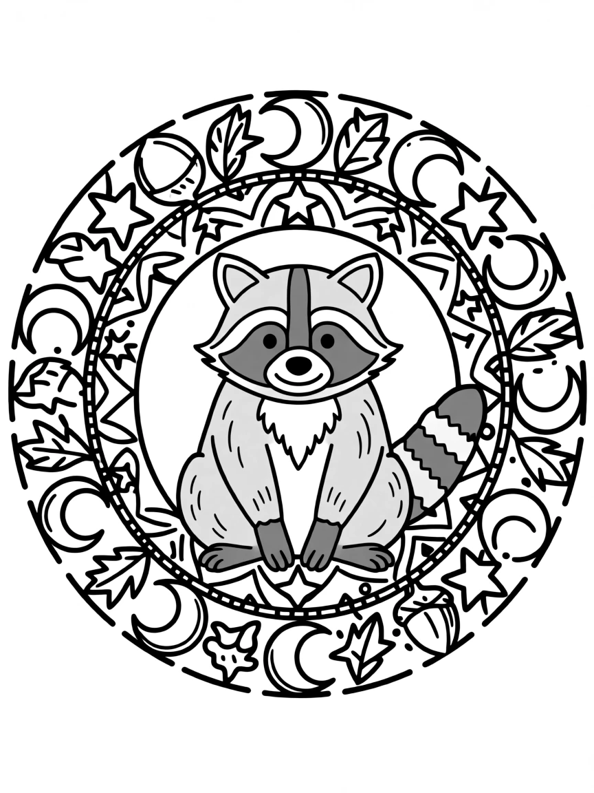 Raccoon with mask patterns forming a nocturnal mandala design