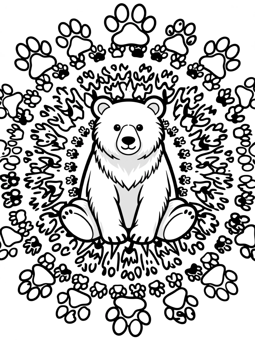 Bear with paw print patterns forming a forest mandala design
