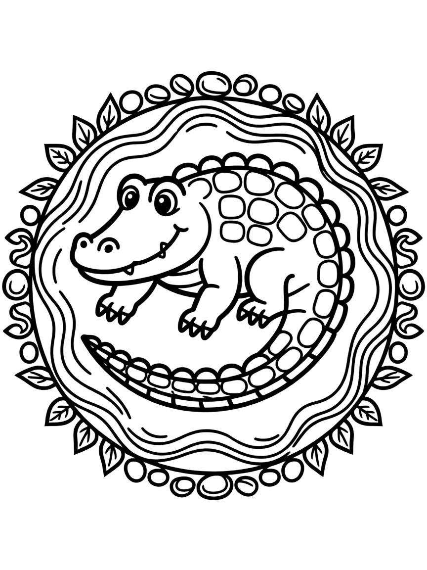 Crocodile with scaly patterns forming a river mandala design