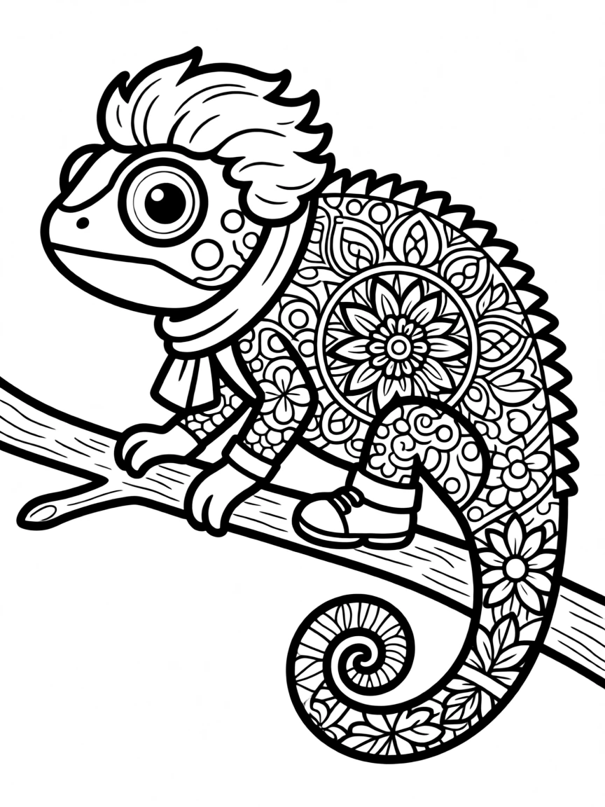 Chameleon with color-changing patterns forming a transformation mandala