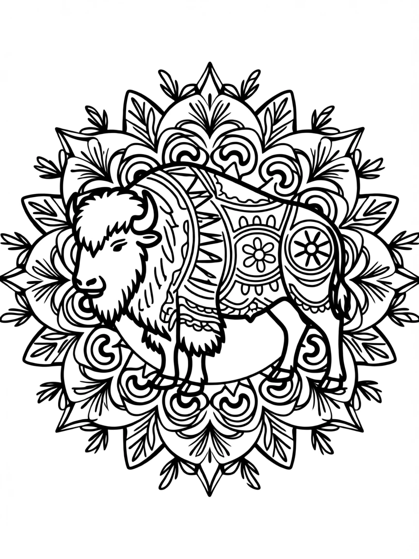 Bison with prairie patterns forming a grassland mandala design