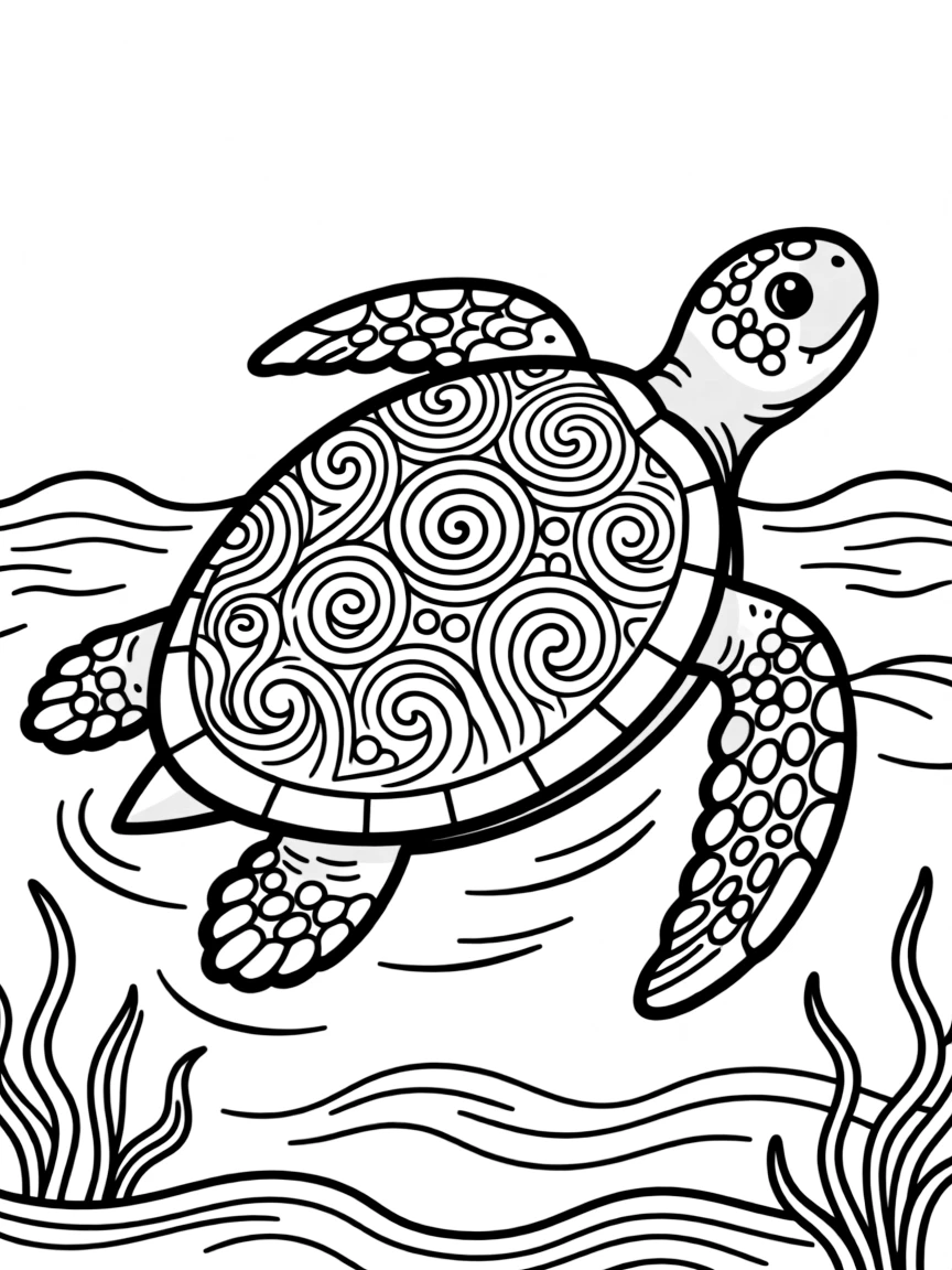 Sea turtle with ocean current patterns forming a migration mandala design