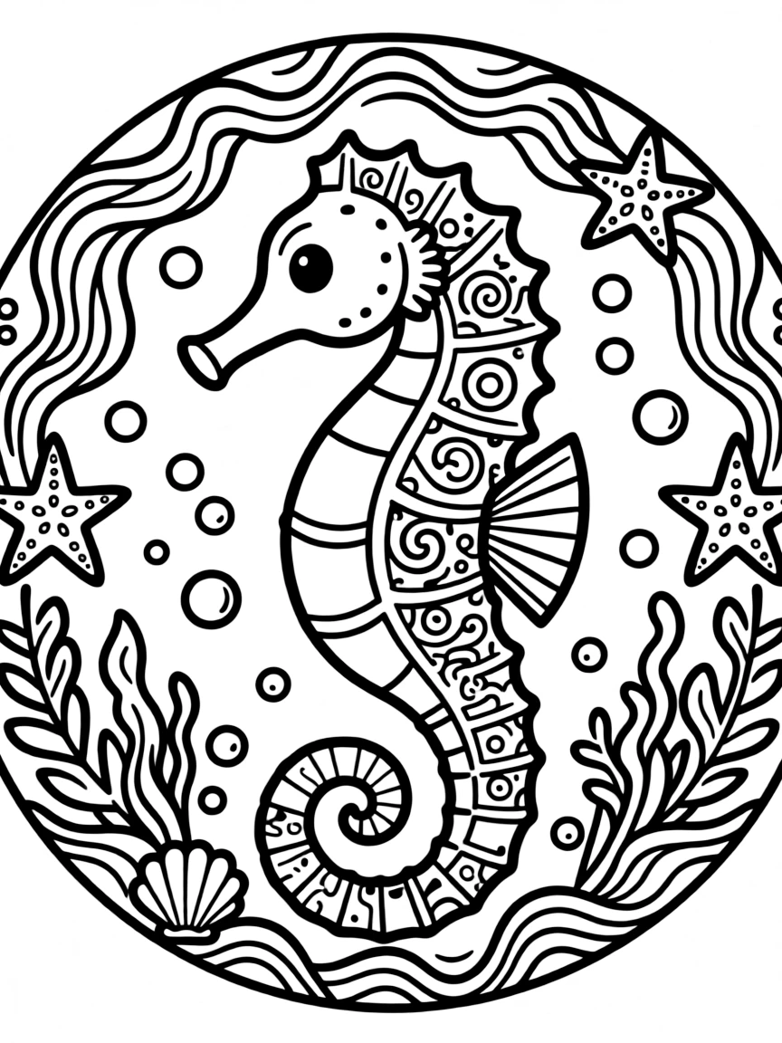 Seahorse with curled tail patterns forming an underwater mandala design