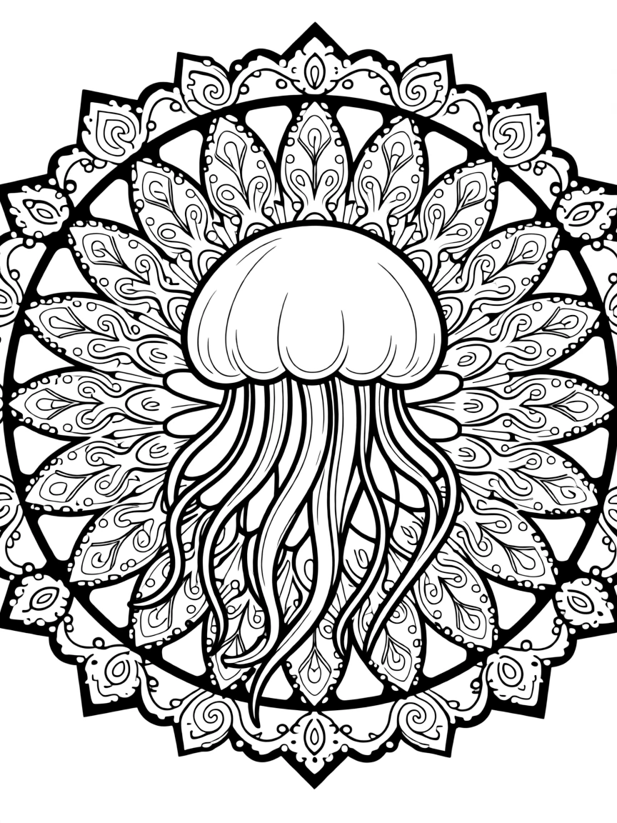 Jellyfish with tentacle patterns forming a floating mandala design