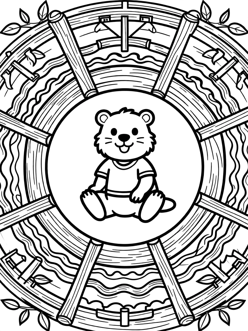 Beaver with dam patterns forming a construction mandala design