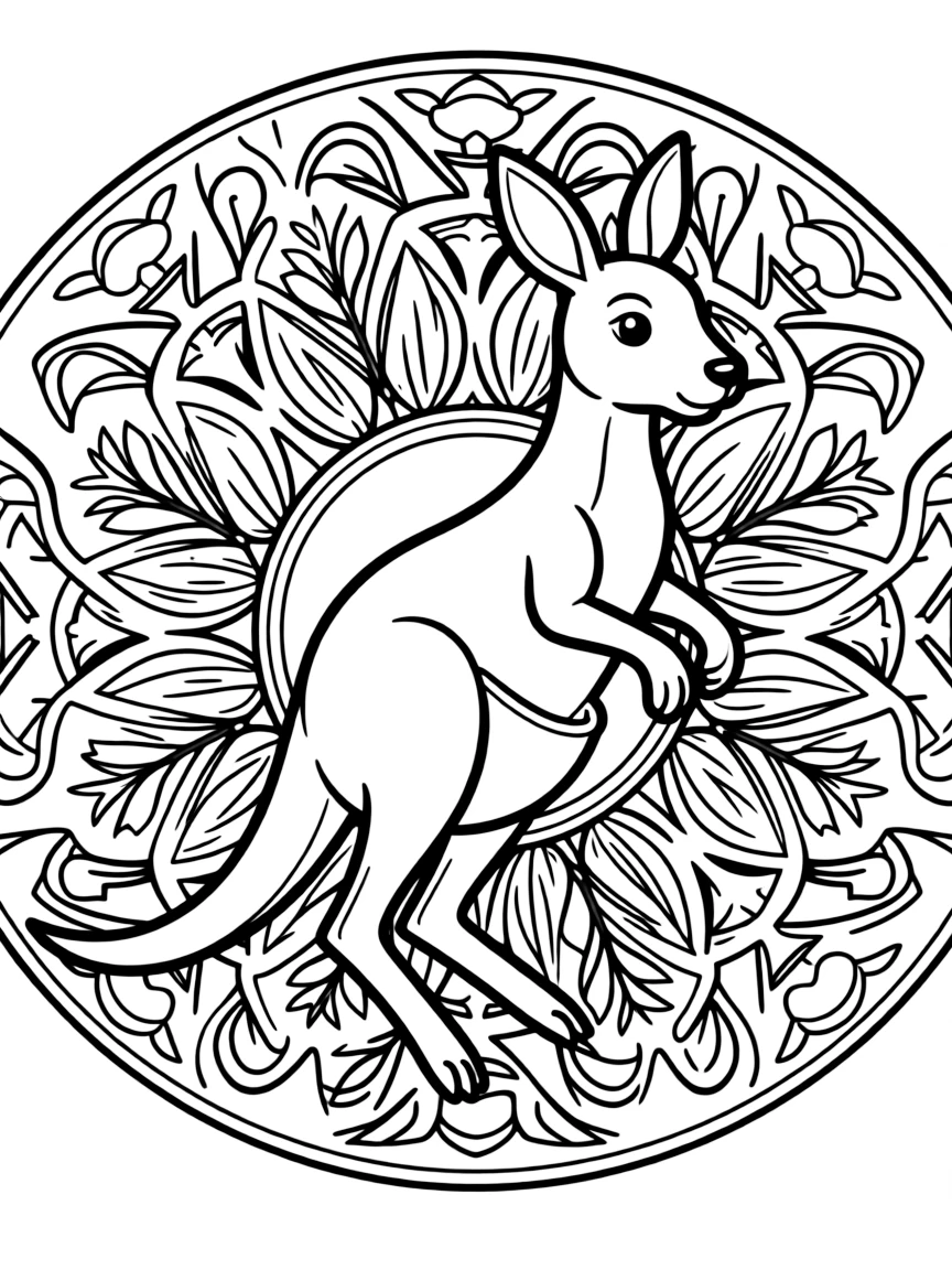 Kangaroo with hopping patterns forming an Australian mandala design