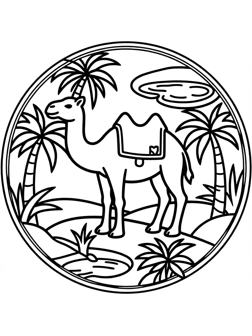 Camel with desert oasis patterns forming a survival mandala design