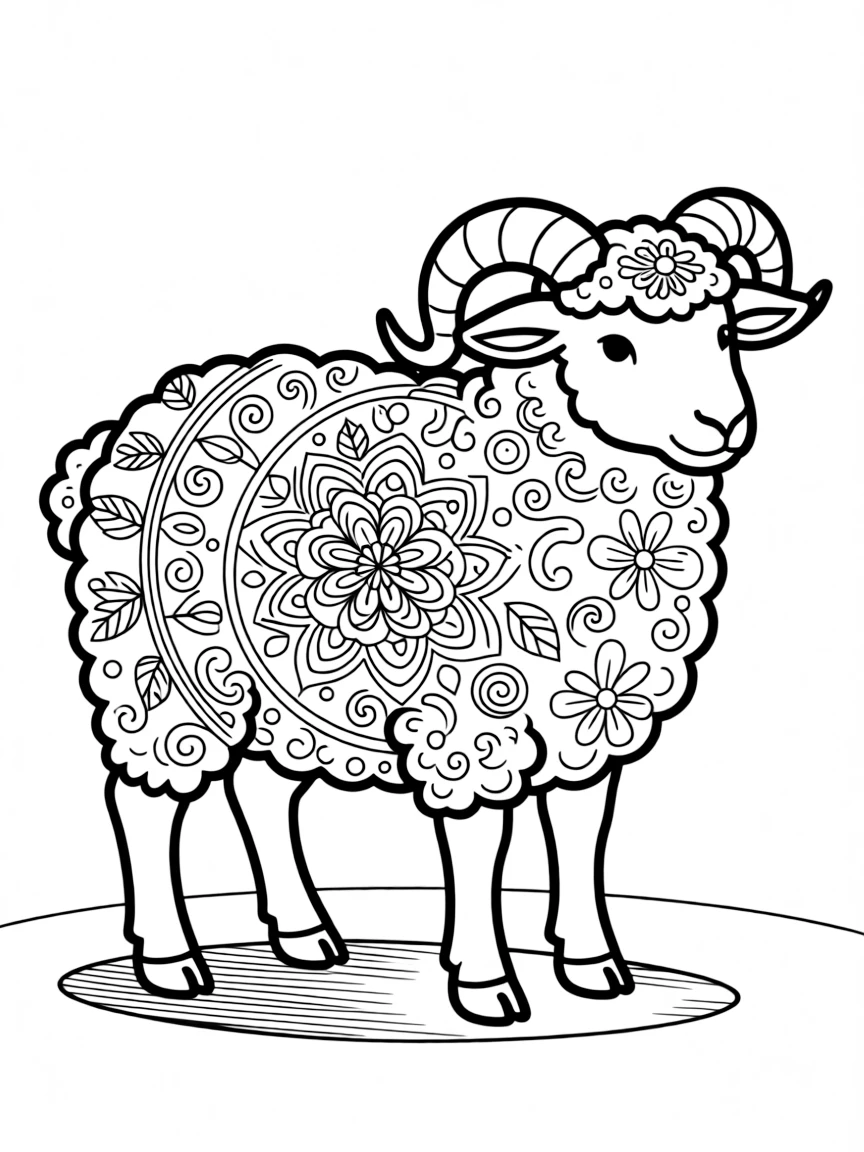 Sheep with wool patterns forming a pastoral mandala design