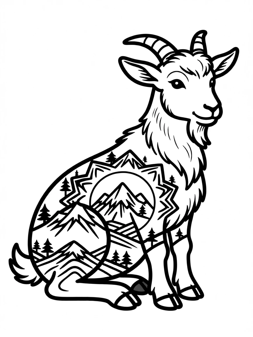 Goat with mountain patterns forming a climbing mandala design