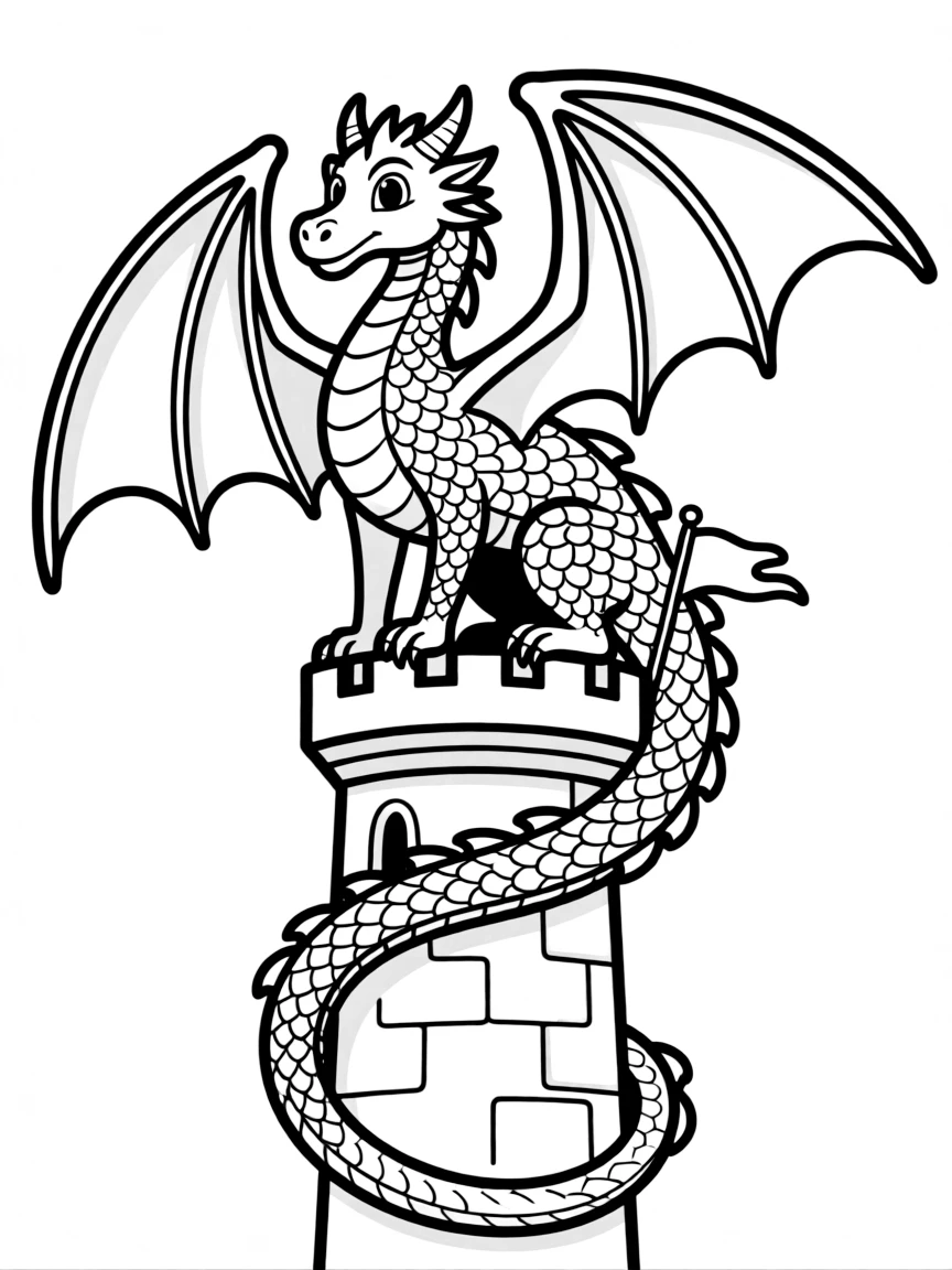 A majestic European dragon perched on a castle tower, wings spread wide