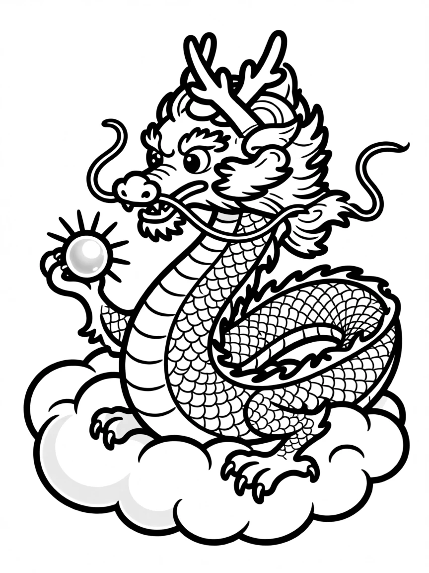 A sleek Chinese dragon with a pearl, winding through clouds
