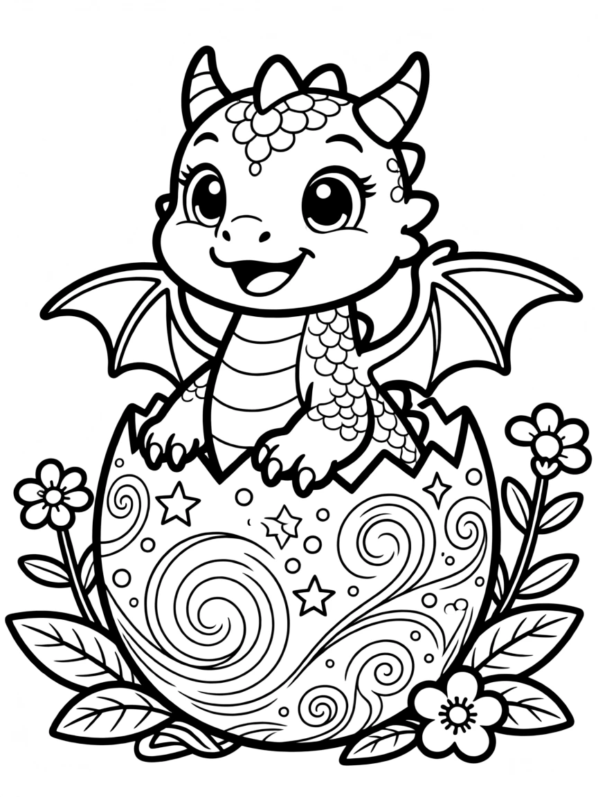 An adorable baby dragon hatching from an ornate egg