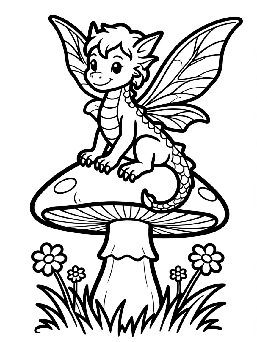 A tiny fairy dragon sitting on a mushroom