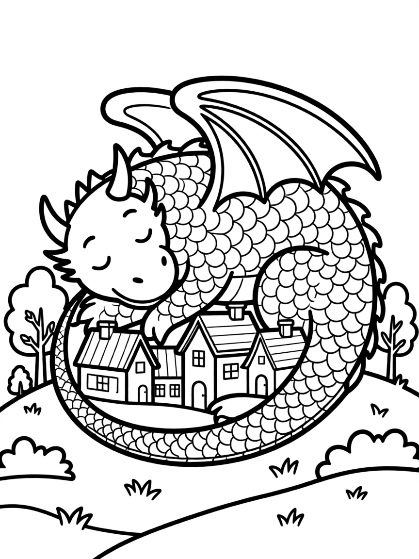 A sleeping dragon curled around a village protectively