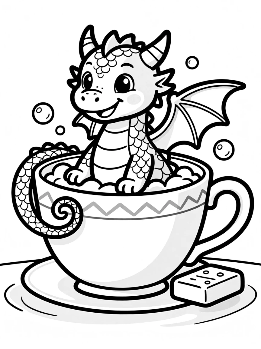 A tiny dragon using a teacup as a bathtub