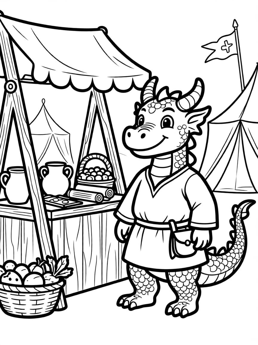 A merchant dragon selling wares at a medieval market