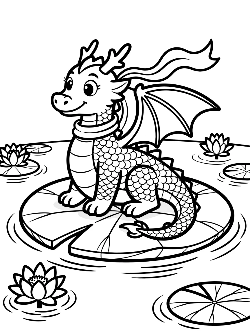 A dragon floating on a giant lily pad in a pond