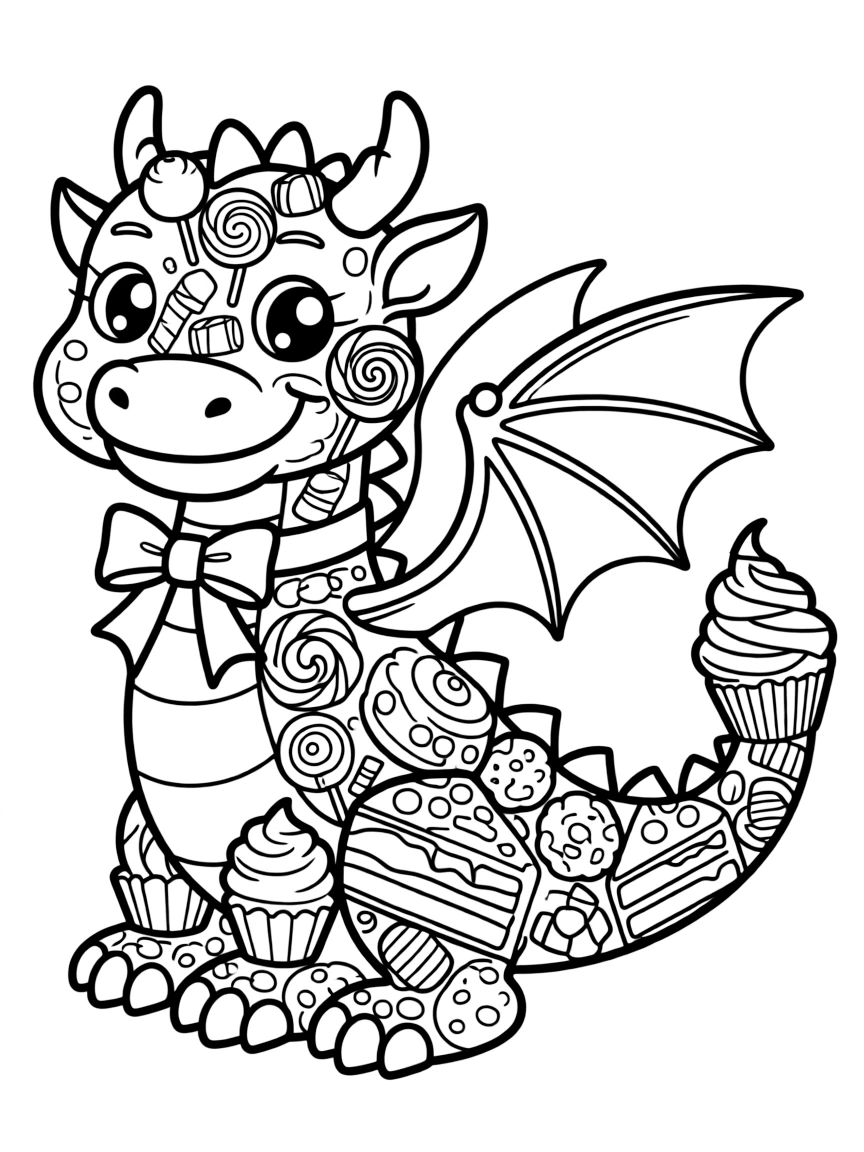 A sweet dragon made of candy and desserts