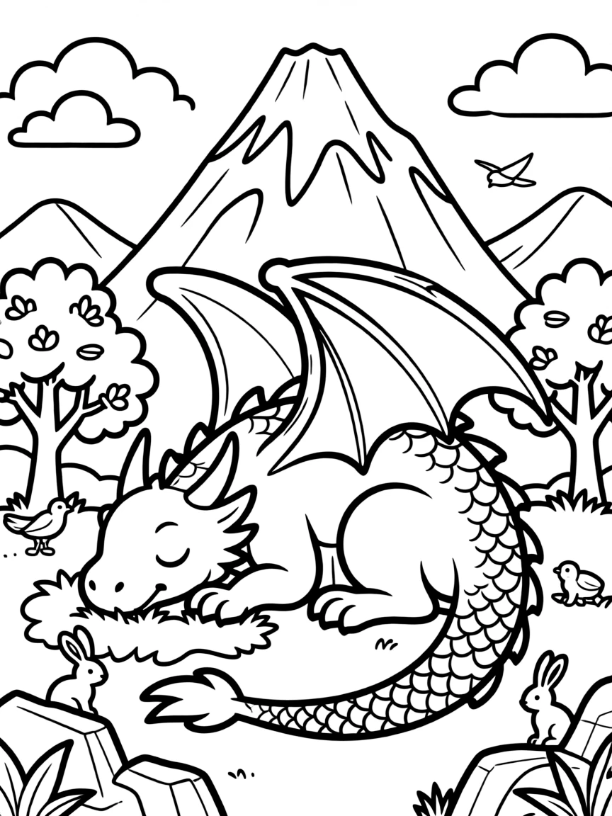 A mountain-sized dragon sleeping as part of the landscape