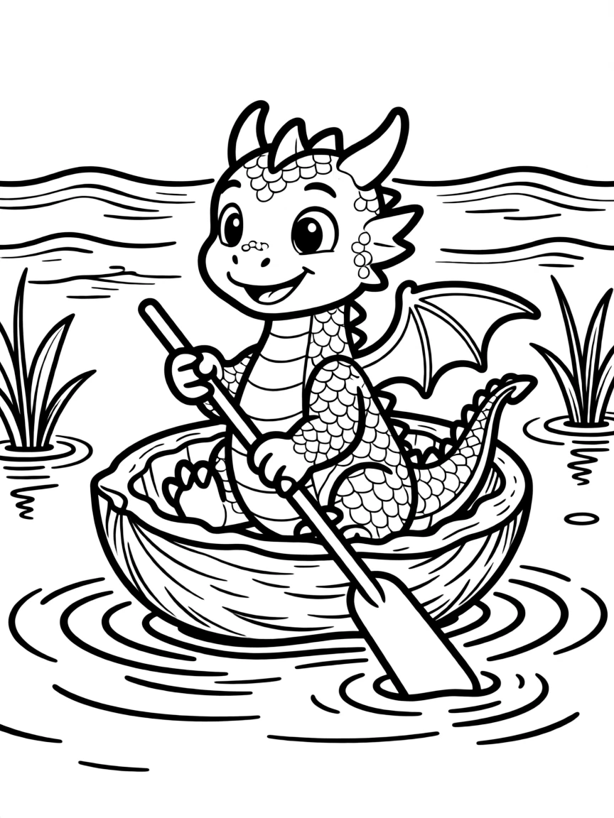 A tiny dragon using a walnut shell as a boat