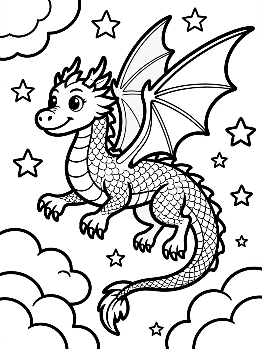 A dream dragon floating among clouds and stars