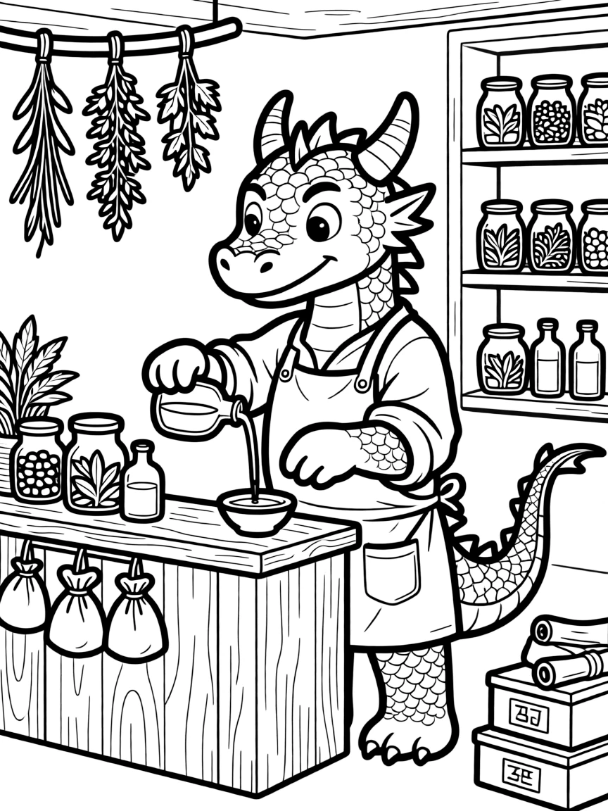 A dragon apothecary mixing herbal remedies