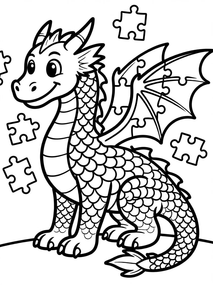 A dragon made of puzzle pieces partially assembled