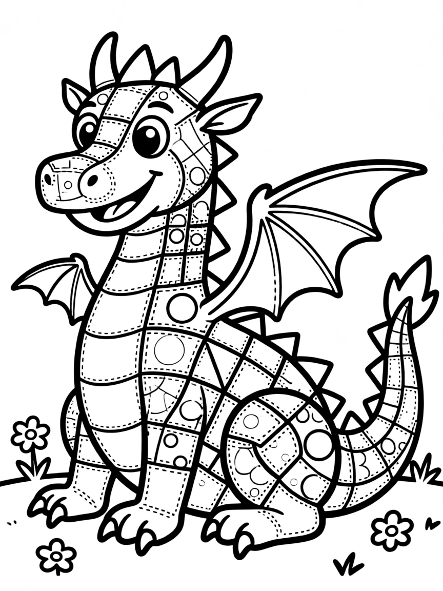 A quilted patchwork dragon of various fabrics