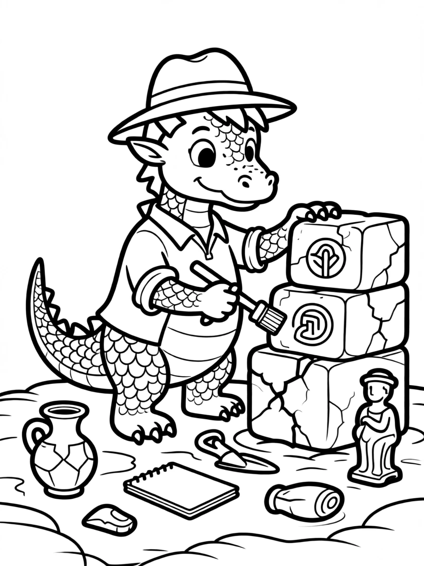 A dragon archaeologist excavating ancient ruins