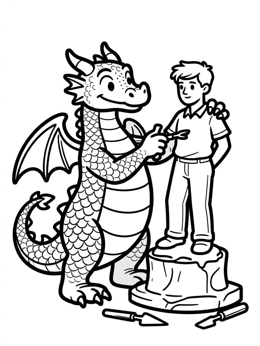 A dragon sculptor creating a statue of a human
