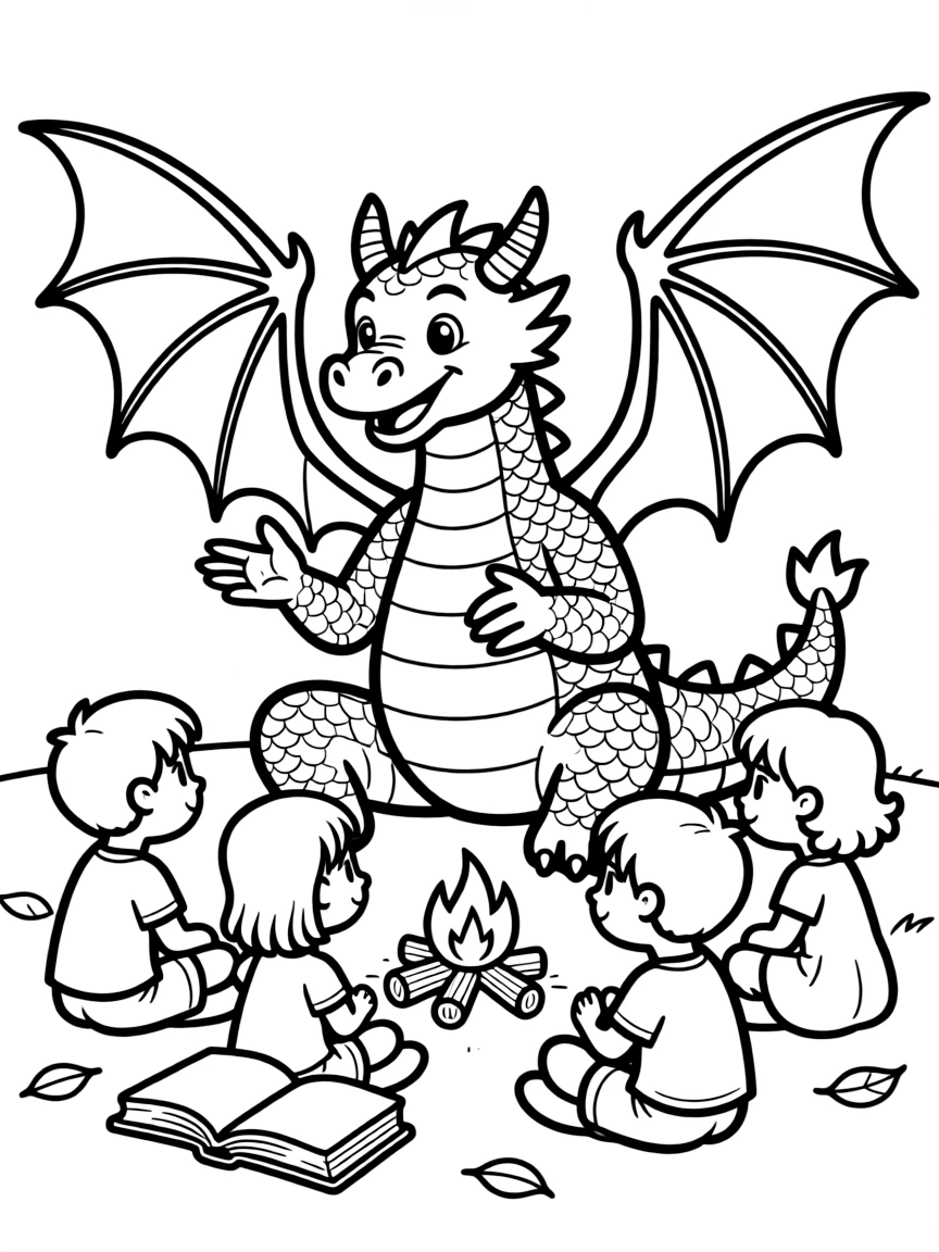 A dragon storyteller surrounded by attentive listeners