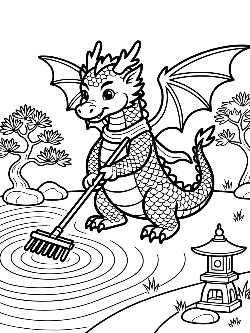A zen garden dragon raking patterns in sand