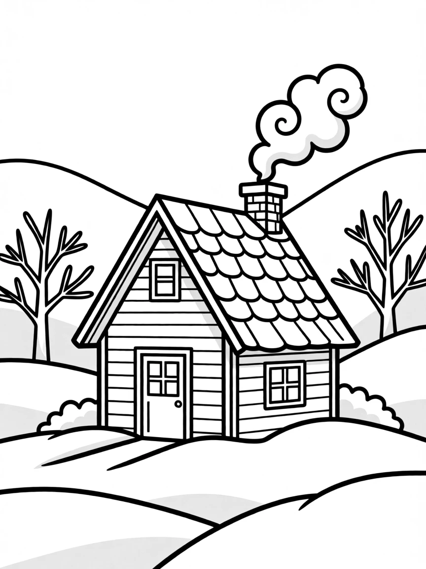 A cozy cottage nestled in snow-covered hills with smoke rising from the chimney