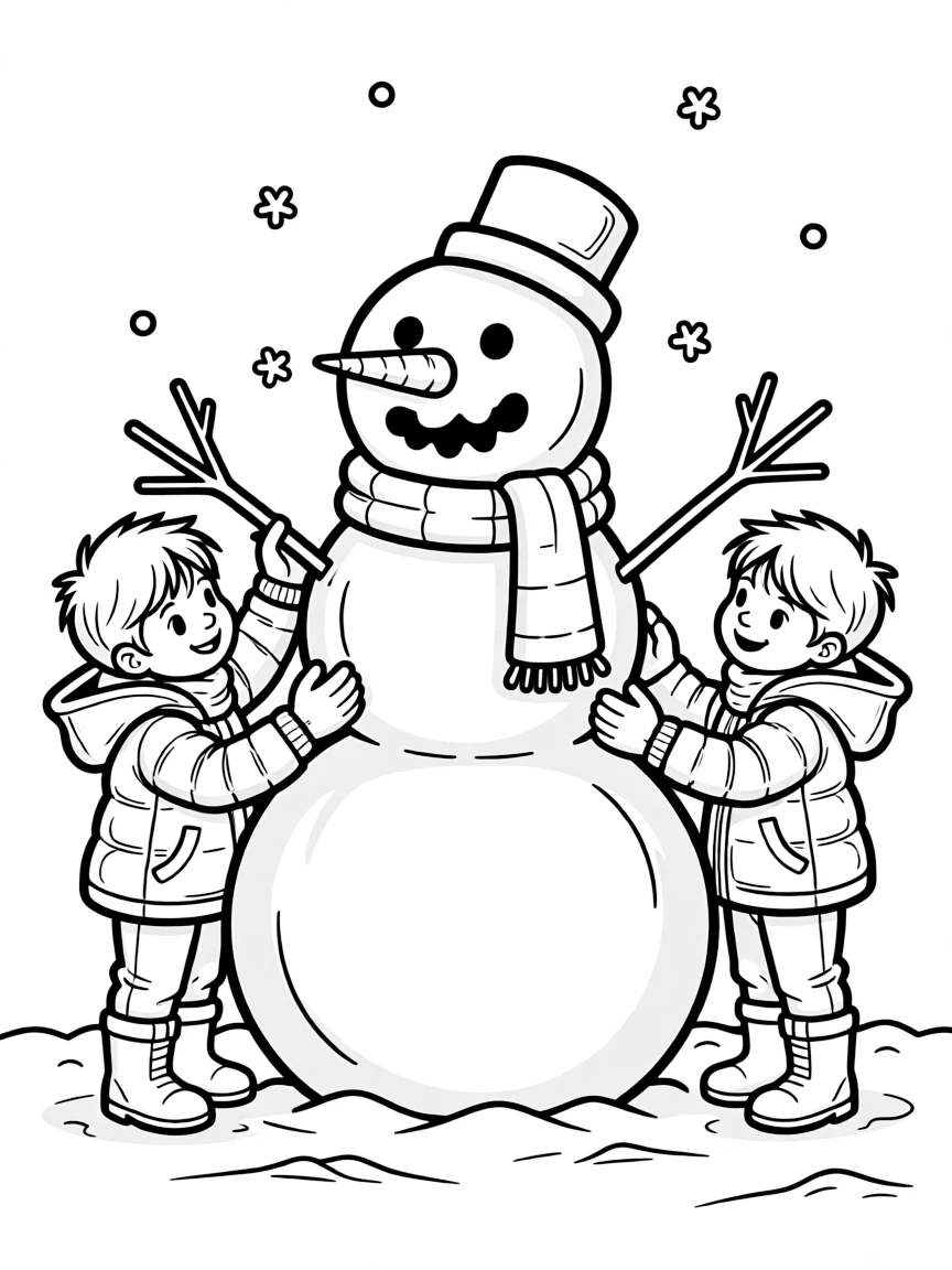Children building a detailed snowman with a carrot nose, coal eyes, and stick arms