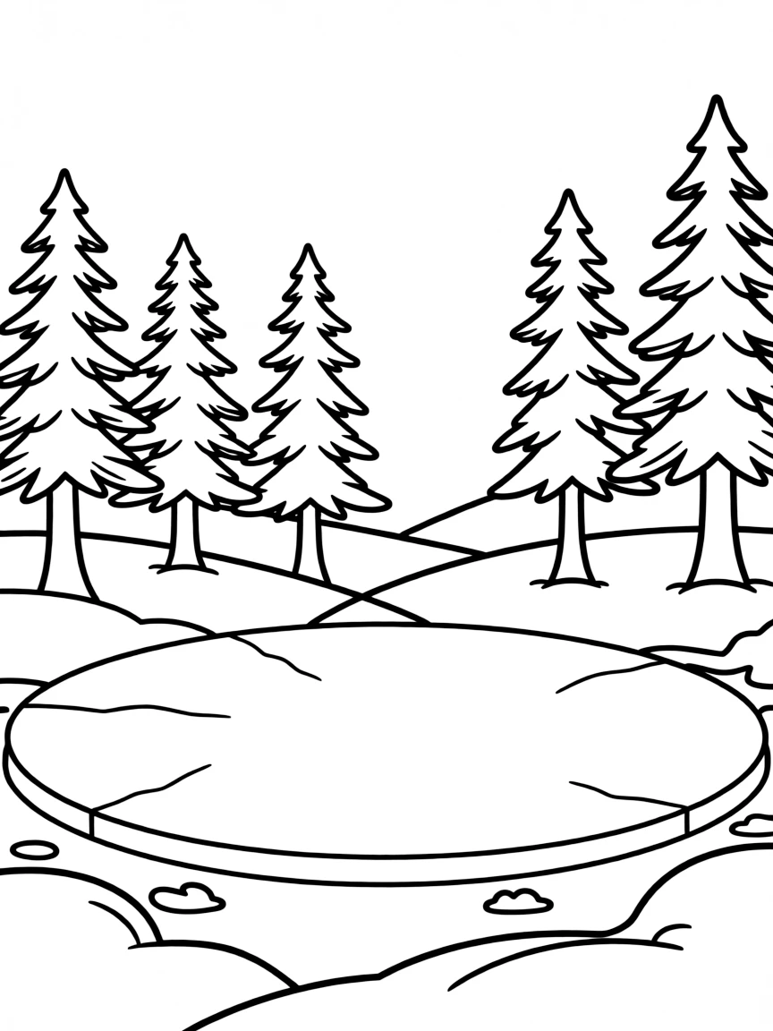 A frozen lake surrounded by pine trees dusted with snow