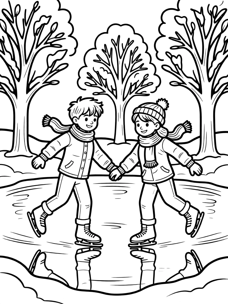 Ice skaters gliding across a pond surrounded by snow-laden trees