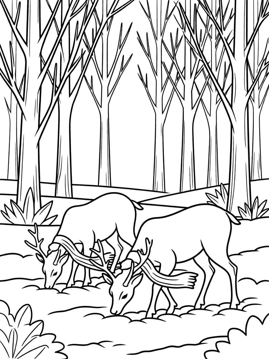 A winter forest scene with deer foraging through the snow