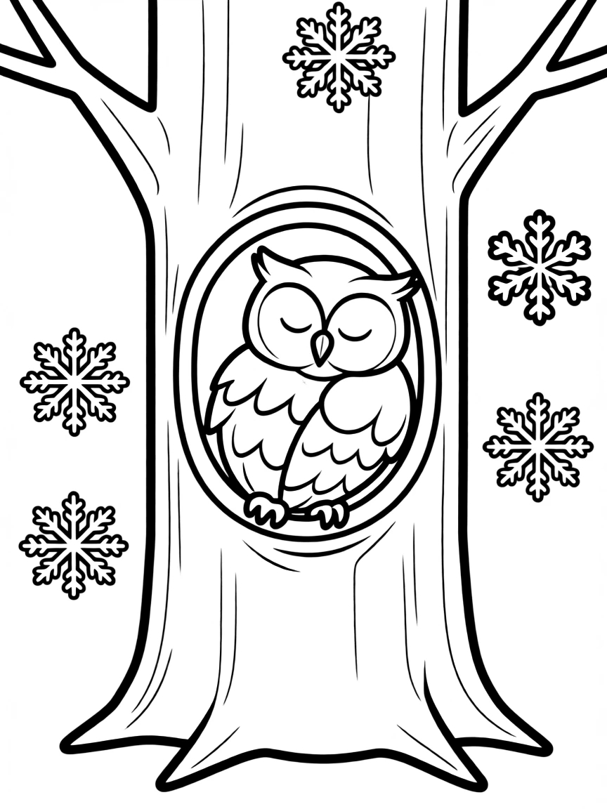 An owl sleeping in a hollow tree surrounded by falling snowflakes