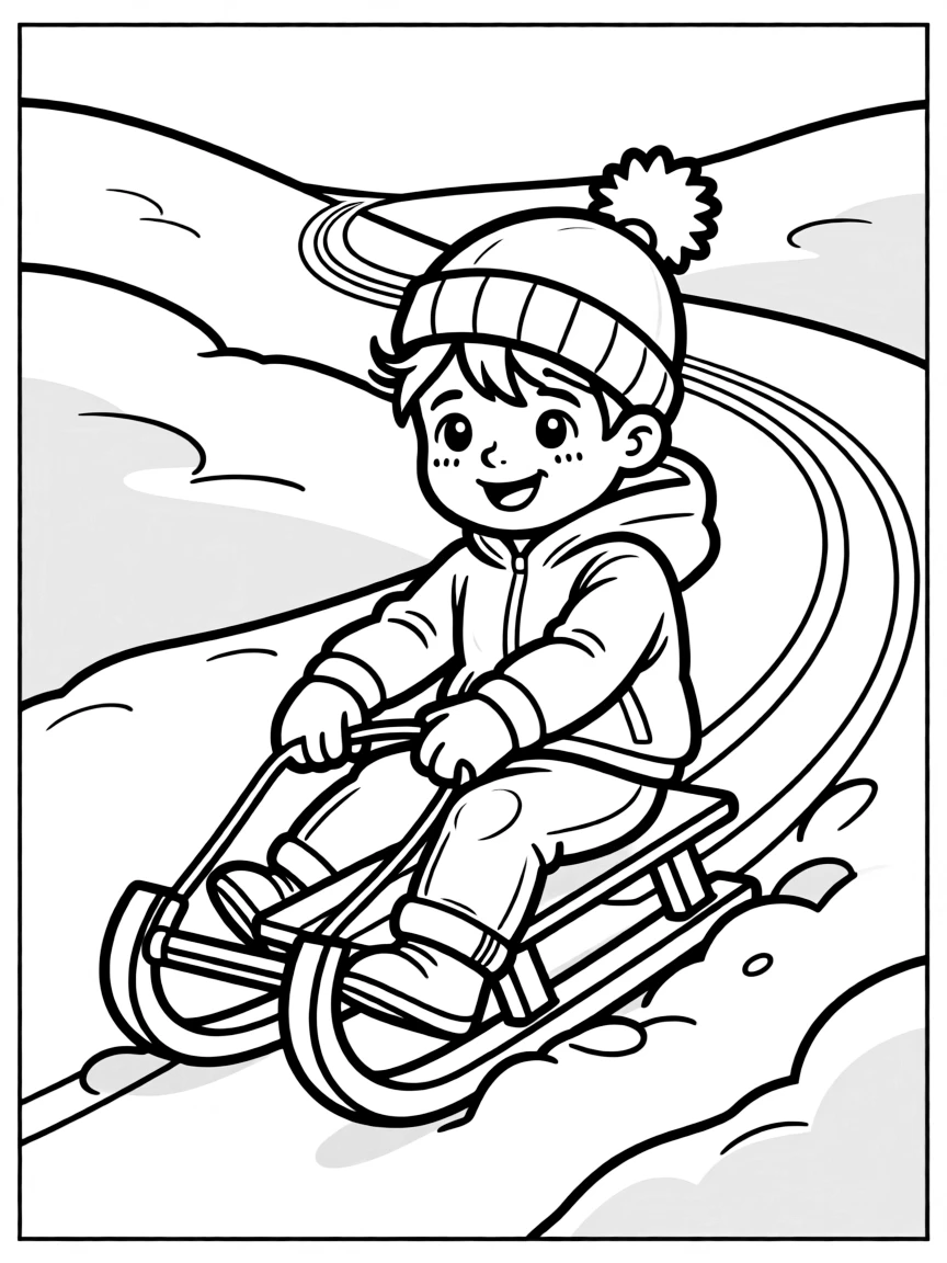 A child sledding down a hill leaving tracks in the snow