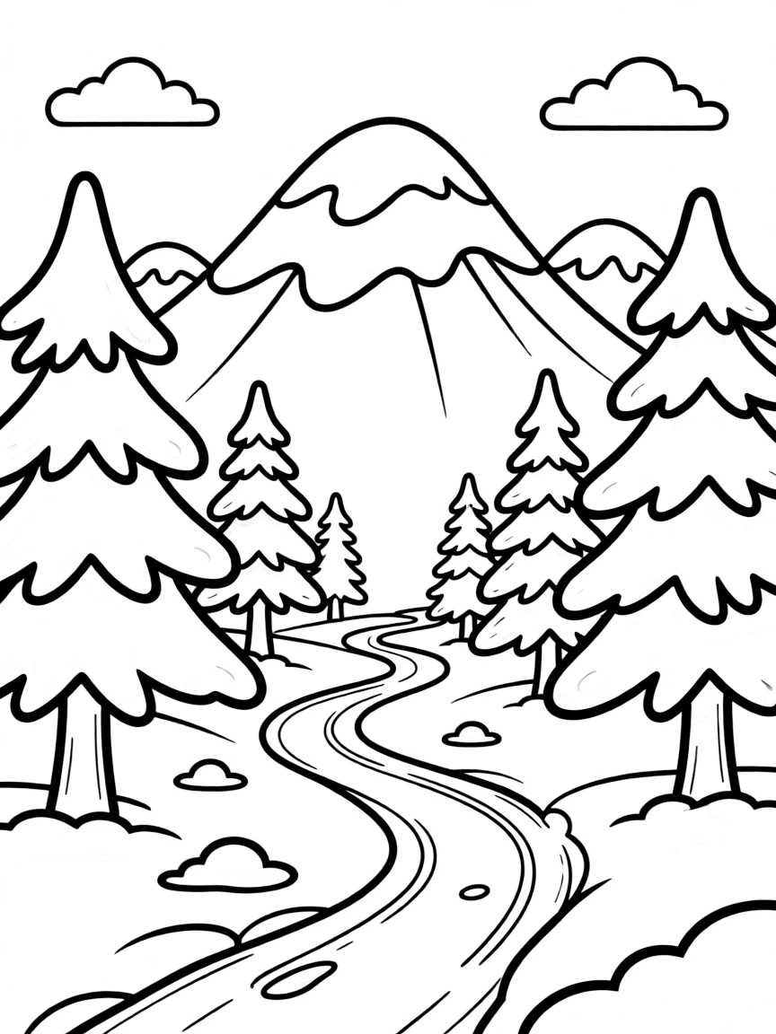 A snowy mountain landscape with evergreen trees and a winding path