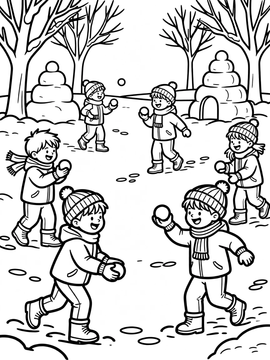 Children having a snowball fight in a park with snow forts