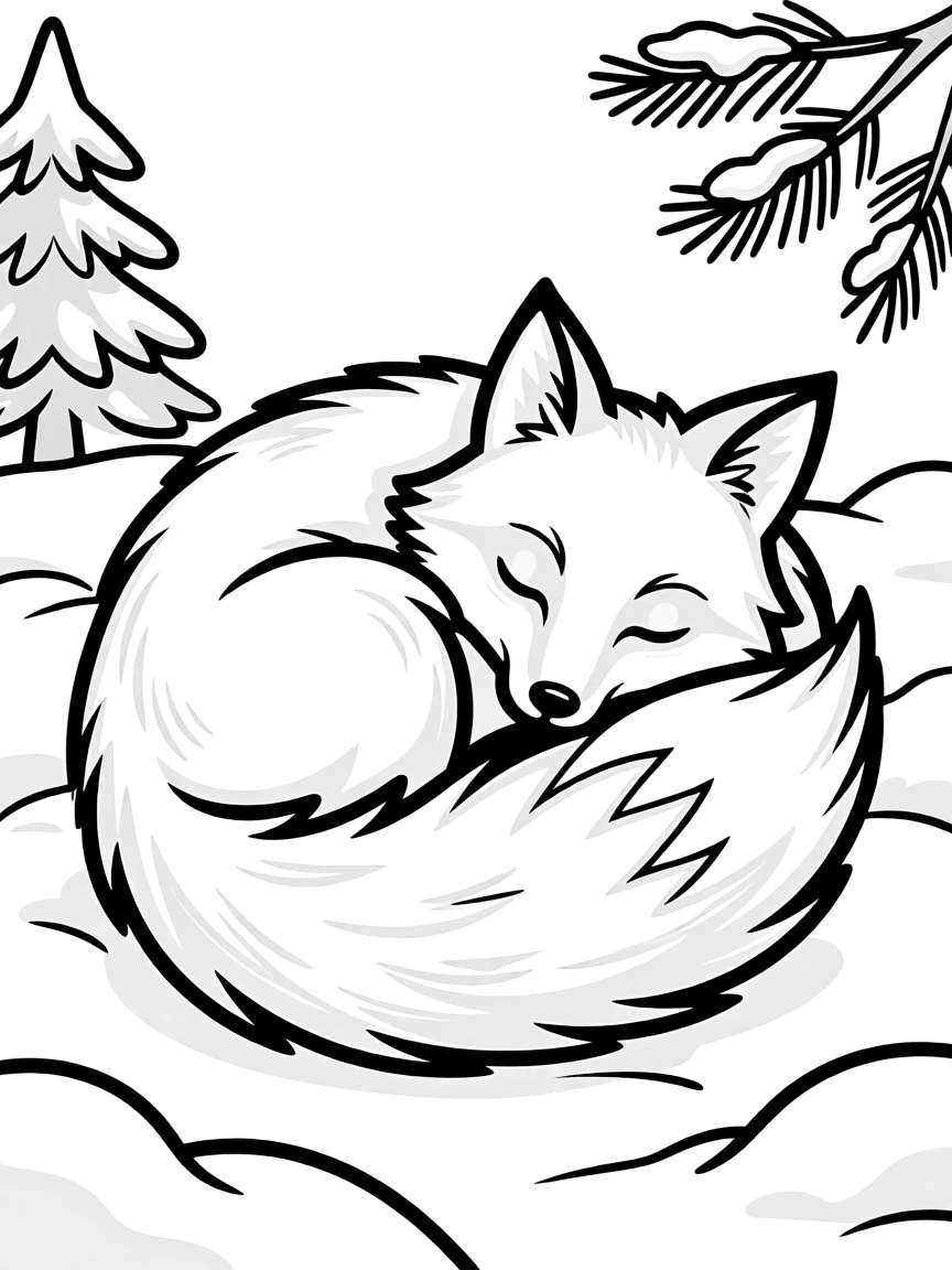 A winter fox with a bushy tail curled up in the snow