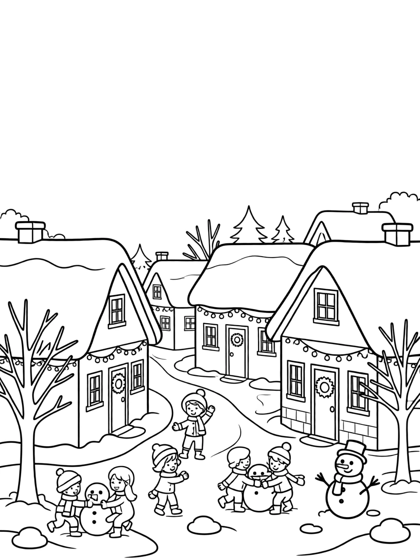 A snow-covered village with buildings decorated for the holidays