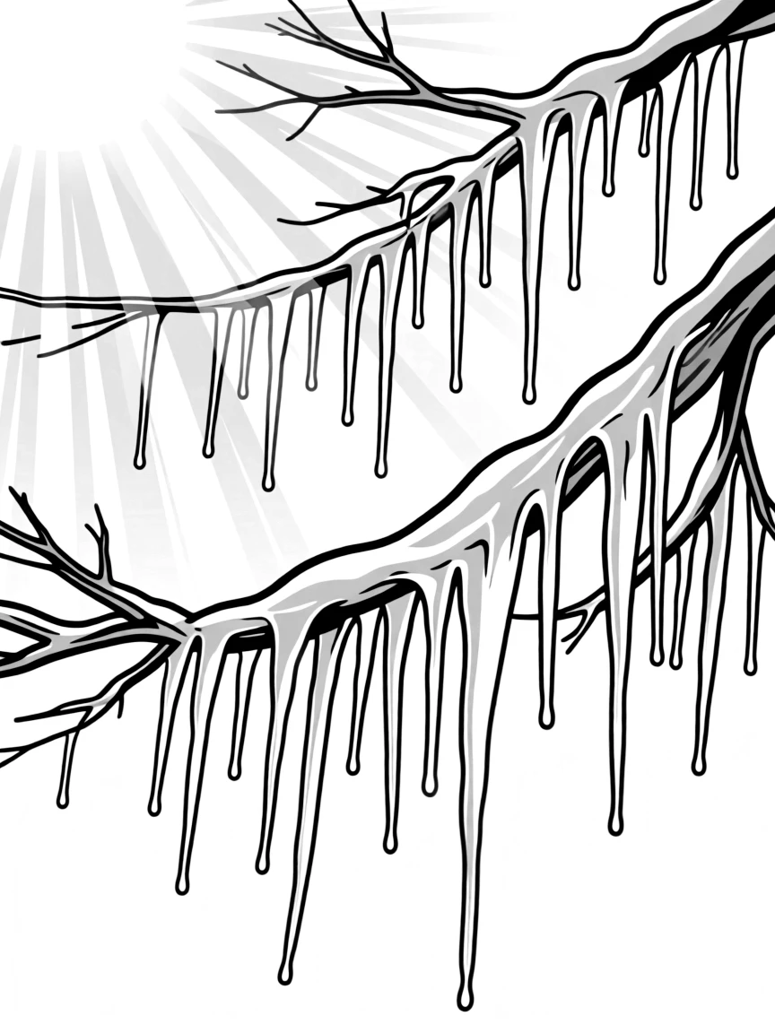Icicles hanging from tree branches catching the winter sunlight