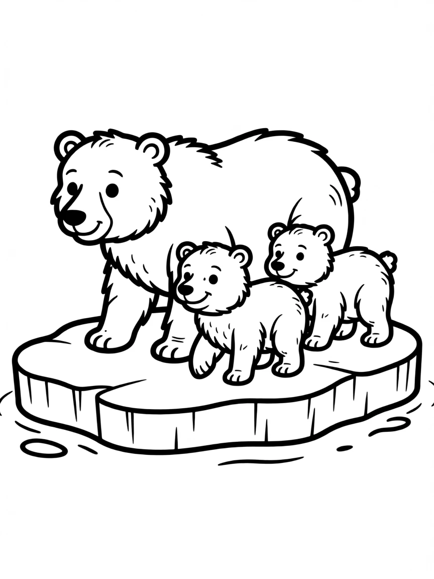 A polar bear family walking across an ice floe