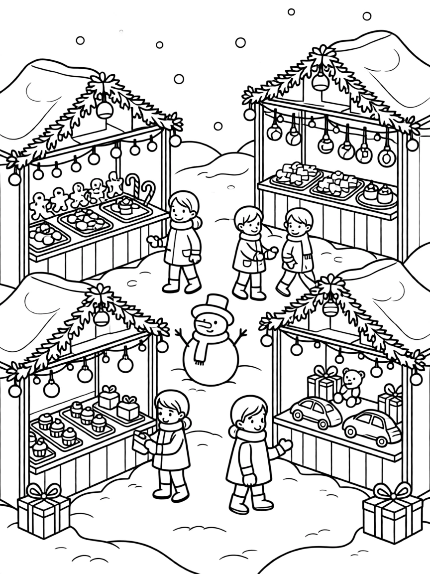 A winter market with decorated stalls selling holiday treats and gifts
