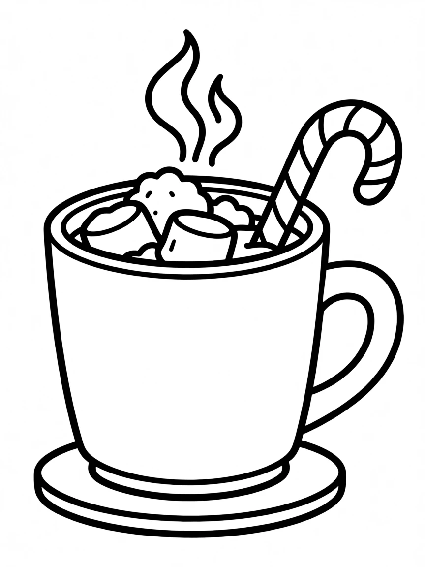 Hot chocolate mug with marshmallows and a candy cane stirrer