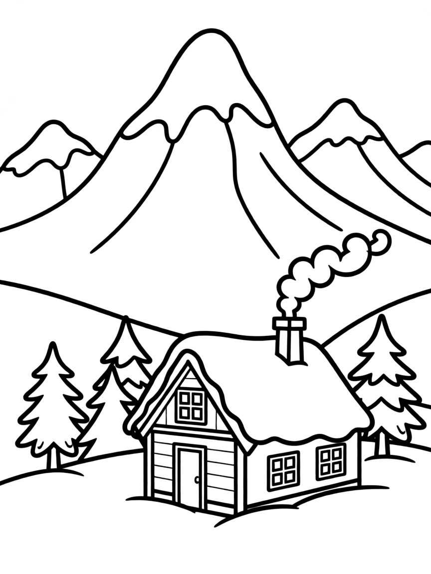 Snow-covered mountain peaks with a ski lodge in the valley